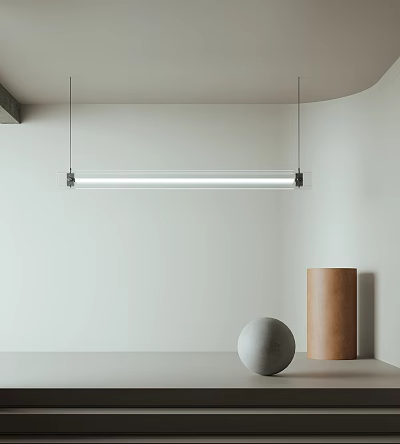 Modern Linear Chandelier Hanging From Ceiling In Minimalist Room With Sculptural Decor Pieces 3d model