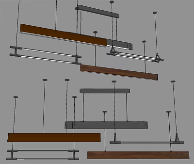Modern Wooden And Metal Linear Chandeliers Suspended For Home Interior Design 3d model