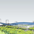 Modern Public Building With Wavy Roof Design Surrounded By Trees Waterfront And City Skyline
