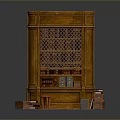 Wooden Bookshelf With Carved Design And Lattice Front Featuring Books Small Stool And Cardboard Boxes