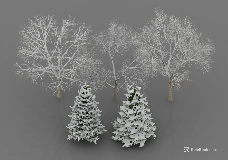 Snow Covered Deciduous Trees And Evergreen Pine Trees In Winter 3d model