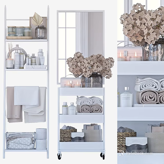Minimalist Elegant White Jewelry Cabinet With Towels Bottles Candles And Flower Bouquets 3d model 