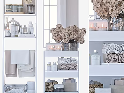 Minimalist Elegant White Jewelry Cabinet With Towels Bottles Candles And Flower Bouquets 3d model