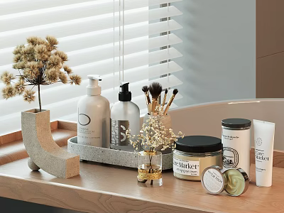 Bathroom Accessories With Wooden Tray White Bottles Black Pumps Makeup Brushes Vase Dried Flowers Jars 3d model
