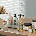 Bathroom Accessories With Wooden Tray White Bottles Black Pumps Makeup Brushes Vase Dried Flowers Jars