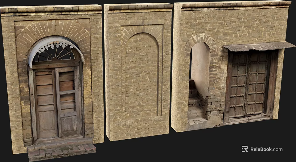Traditional Entry Gates with Various Arched Designs and Wooden Doors on Brick Walls 3d model 
