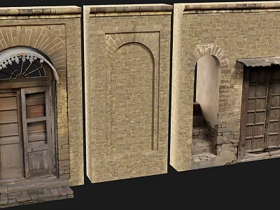 Traditional Entry Gates with Various Arched Designs and Wooden Doors on Brick Walls 3d model