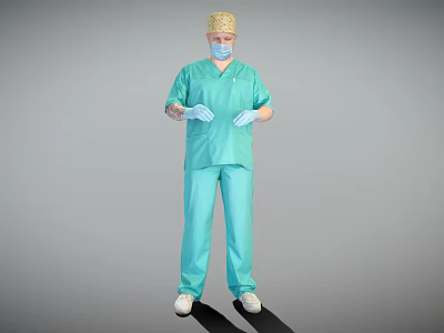 Man Wearing Green Surgical Scrubs Face Mask Surgical Cap And Blue Gloves Against Gray Background 3d model