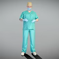 Man Wearing Green Surgical Scrubs Face Mask Surgical Cap And Blue Gloves Against Gray Background