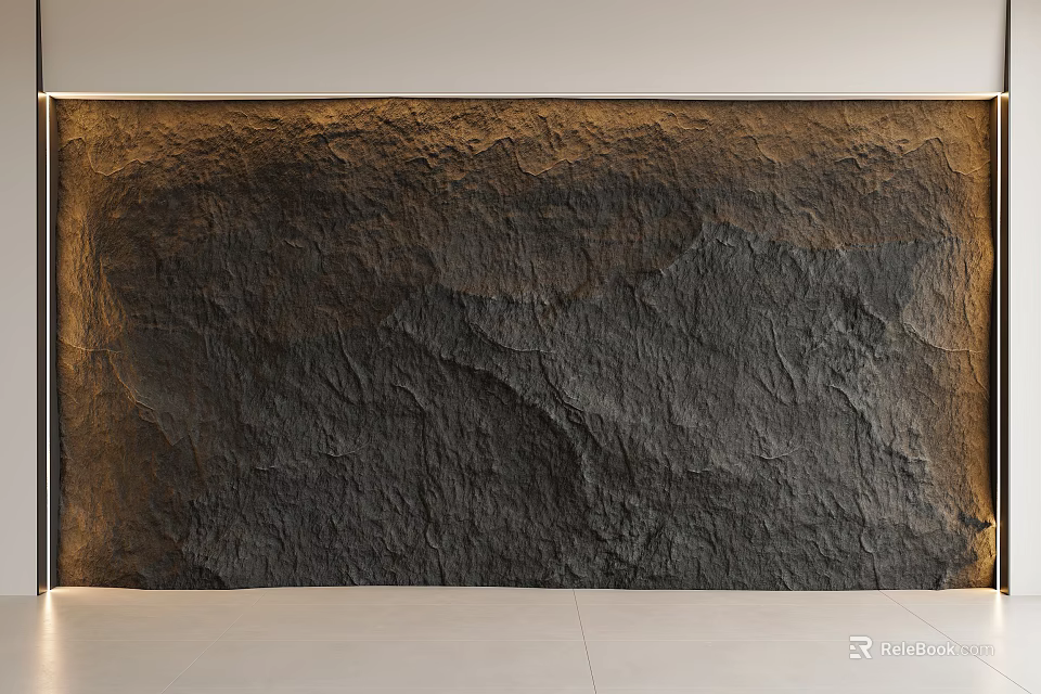 Textured Dark Stone Background Wall With Warm Edge Lighting Design 3d model 