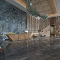 Modern Luxury Hotel Lobby With Artistic Hanging Installation And Polished Marble Floor And Cozy Seating