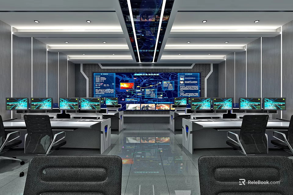 High Tech Modern Control Room Interior With Multiple Monitoring Screens And Workstations 3d model 