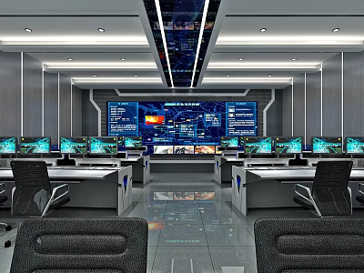 High Tech Modern Control Room Interior With Multiple Monitoring Screens And Workstations 3d model