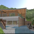 Scenic Single Family Villa On Lush Green Hillside With Wooden Stone Wall Swimming Pool Rockery