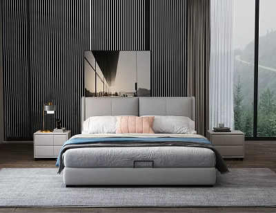 Modern Bedroom Interior With Double Bed Dark Vertical Striped Wall Bedside Tables And Mountain View 3d model