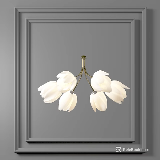 Elegant Crystal Chandelier With White Petal Shaped Shades And Gold Frame On Gray Wall 3d model 