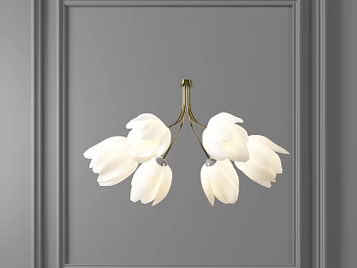 Elegant Crystal Chandelier With White Petal Shaped Shades And Gold Frame On Gray Wall 3d model