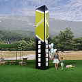 Outdoor Spiritual Fortress In Green Grassland With Mountains Trees Balloons And People