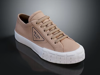 Prada Beige Low Top Lace Up Sneakers With Triangle Logo And White Sole 3d model