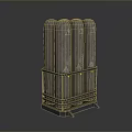 Four Cylindrical Metal Storage Cans On Metal Rack With Warning Signs Worn Surface And Shiny Base