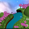 Commercial Outdoor Landscape Equipment With Pink Trees Green Grass And Blue River