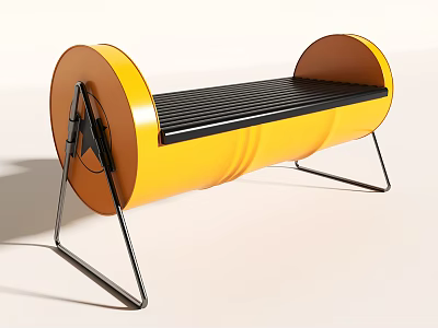Modern Public Chair Design With Yellow Barrel Shaped Frame Black Slatted Seating And Metal Legs 3d model