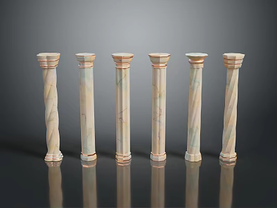 Six Marble Columns With Twisted Spiral Patterns Various Colors Smooth Surface Black Background Reflections 3d model