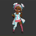 Cute 3D Rendered Child With Pink Blue Outfit White Coat Bow And Striped Socks