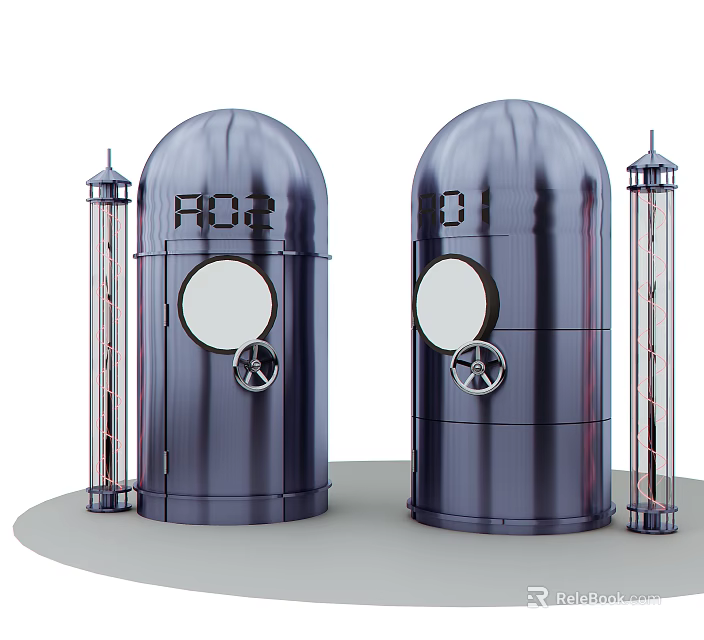 Modern Metallic Structures Featuring Round Windows Numbered 01 02 And Slender Pillars 3d model