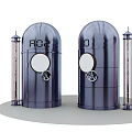 Modern Metallic Structures Featuring Round Windows Numbered 01 02 And Slender Pillars 3d model