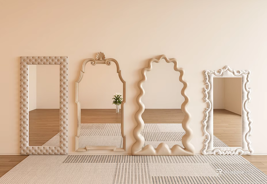 Different Designed Mirrors Arranged Side by Side Against Light Wall With Rug and Small Plant 3d model 