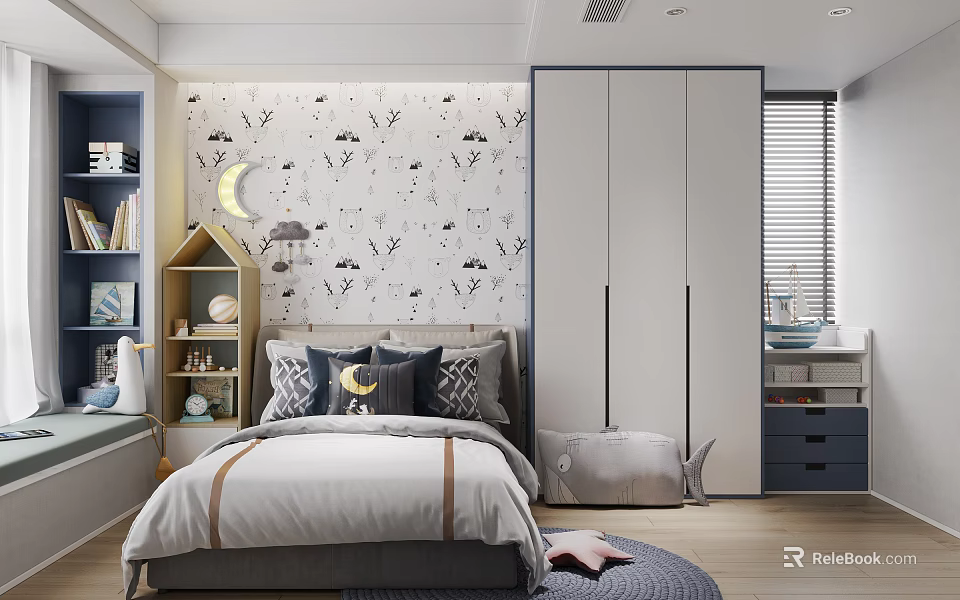 Kids Room Interior With Moon And Stars Wallpaper Cozy Bed Wardrobe And Bookshelf 3d model 
