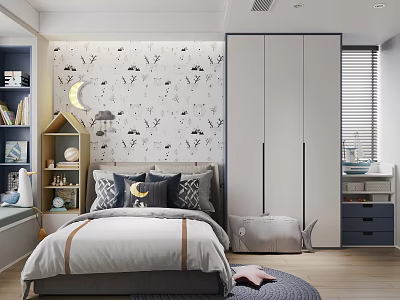 Kids Room Interior With Moon And Stars Wallpaper Cozy Bed Wardrobe And Bookshelf 3d model