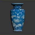 Exquisite Sculptural Carving On Blue Vase With Floral And Crane Motifs Design
