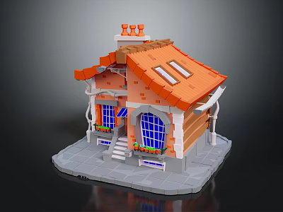 Lego Style Small House Building With Orange Roof Arched Windows Porch Steps And Flower Pots 3d model