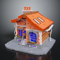 Lego Style Small House Building With Orange Roof Arched Windows Porch Steps And Flower Pots