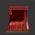 Red Canopy Double Bed With Curtains Wooden Frame Gray Pillow And Stitched Details