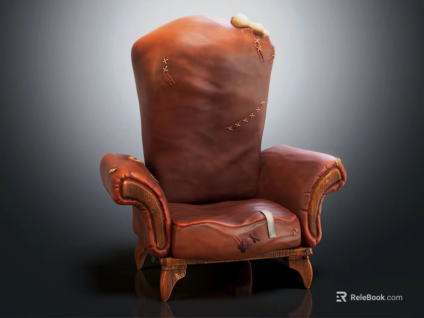 Brown Leather Single Sofa With Vintage Distressed Design Rolled Arms And Carved Wooden Legs 3d model 