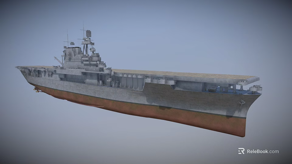 Aircraft Carrier Water Transportation Featuring Gray Hull Brown Bottom Superstructure And Radar Antennas On Deck 3d model 