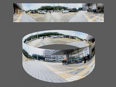 Scenic Outdoor View With Parking Lot Buildings Trees And Tiled Square Entrance 3d model