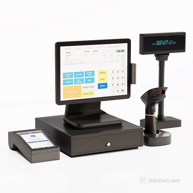 Commercial POS System Cash Register With Payment Terminal And Barcode Scanner 3d model 