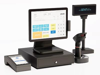 Commercial POS System Cash Register With Payment Terminal And Barcode Scanner 3d model