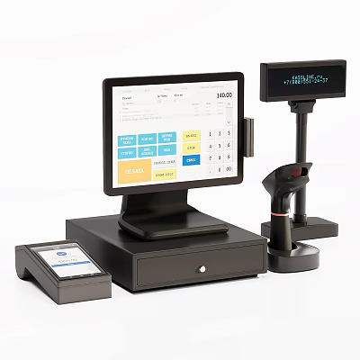 Commercial POS System Cash Register With Payment Terminal And Barcode Scanner 3d model