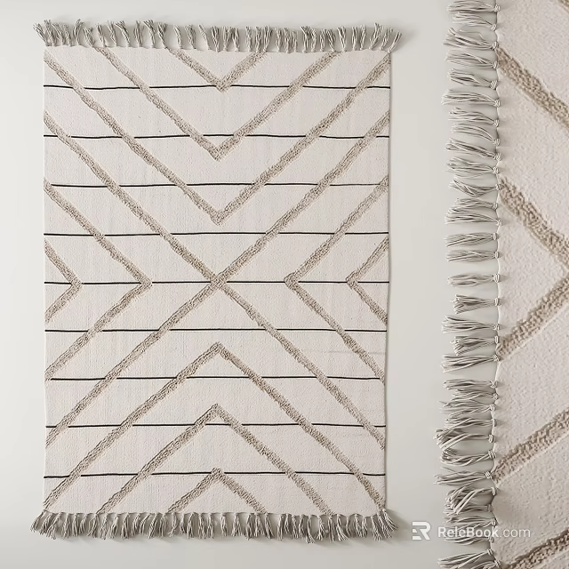 Square Rug With Geometric Chevron Stripes And Fringe Detail In Neutral Tones 3d model 