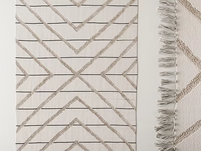 Square Rug With Geometric Chevron Stripes And Fringe Detail In Neutral Tones 3d model
