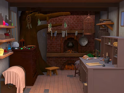 Cartoon Scene of Cozy Treehouse Kitchen with Brick Fireplace Wooden Shelves and Hanging Utensils 3d model