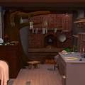Cartoon Scene of Cozy Treehouse Kitchen with Brick Fireplace Wooden Shelves and Hanging Utensils