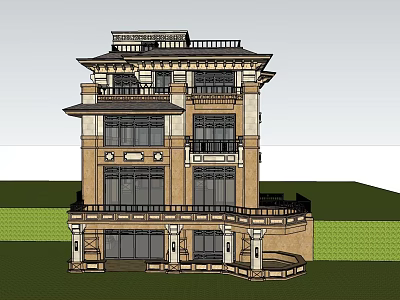 Elegant Three Story Detached Villa With Brown Beige Exterior Balconies And Lawn 3d model