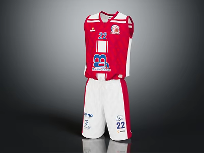 Red and White Basketball Jersey and Shorts with Number 22 and Blue Logo 3d model