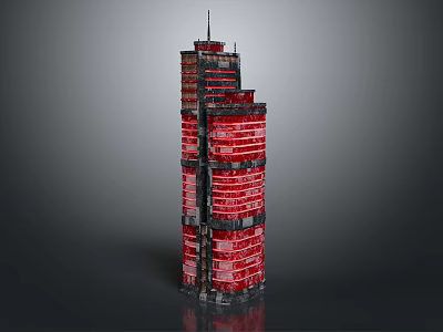 Cartoon Scene Red Tower With Multiple Floors Black Details And Antenna On Top 3d model